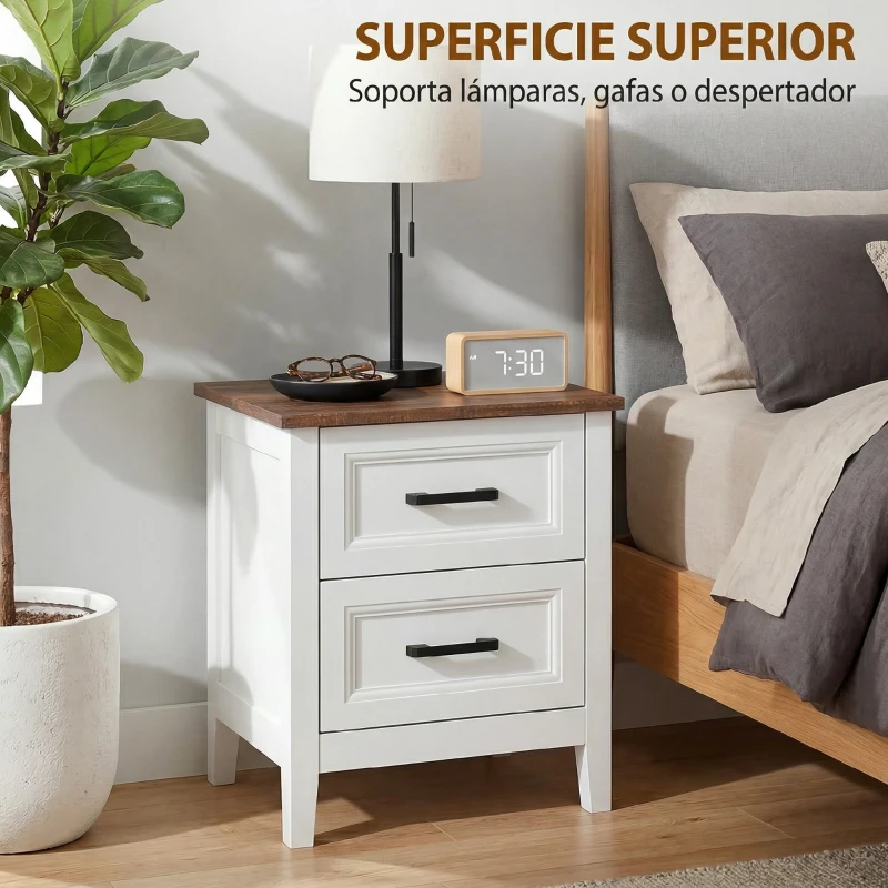 HOMCOM Mesilla de Noche con 2 Cajones Estilo Rústico Mesita para Salón Dormitorio 45x30x50 cm Blanco