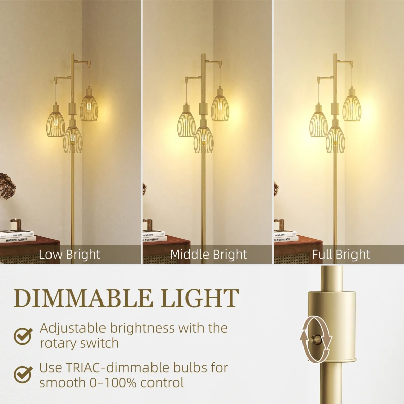 HOMCOM 3-Light Floor Lamp, 170cm Industrial Dimmable Standing Lamp with Steel Wire Cage Lampshades for Living Room, Bedroom, Dining Room, Study, Bulb Not Included, Gold Tone