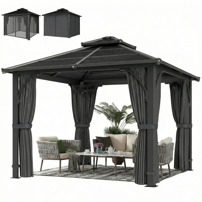 Outsunny 2.5 x 2.5 m Hardtop Gazebo Canopy with 7mm PC Roof, Garden Gazebo Permanent Pavilion with Netting, Curtains, Dark Grey