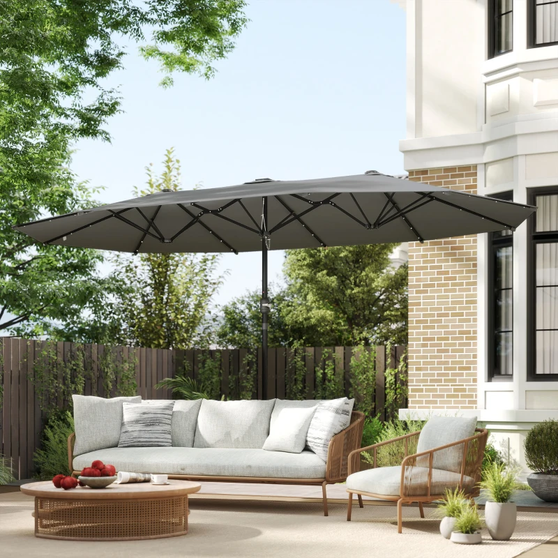 Outsunny 4.4m Double-Sided Sun Umbrella Patio Parasol LED Solar Lights Dark Grey
