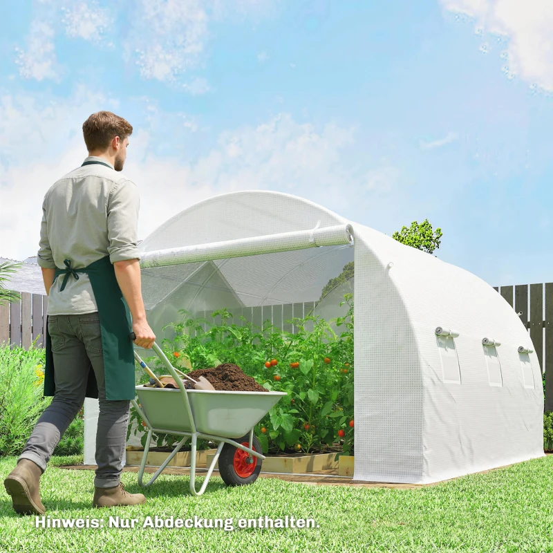 Outsunny Gewächshausfolie 3 x 3 m, wasserdicht Polyethylenfolie mit Rolltür, 6 Fenster, UV Schutz Weiß