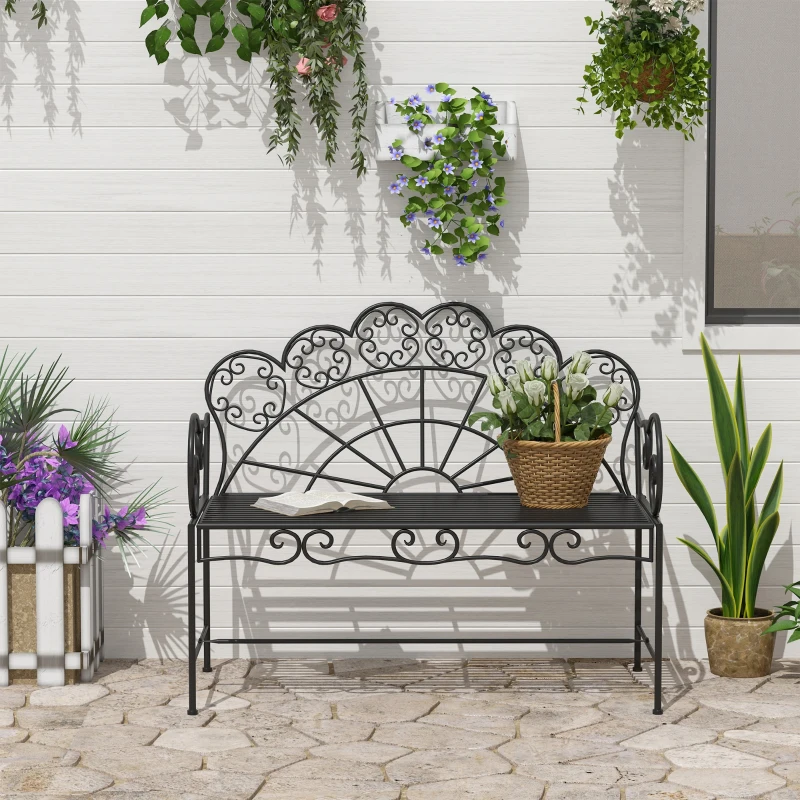 Outsunny Metal Garden Bench Loveseat with Slatted Seat, Black