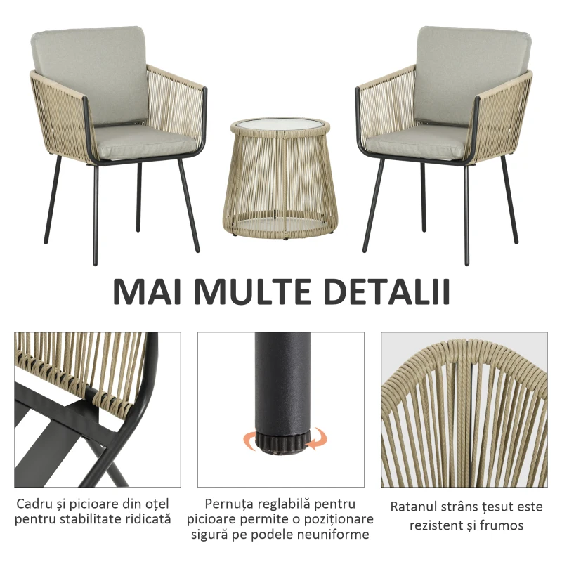 Outsunny Set de Exterior cu Măsuță din Sticlă și 2 Scaune de Grădină din Ratan Stil Boho, Cafea