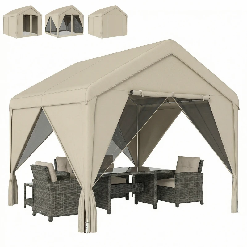 Outsunny 3 x 3 m Patio Gazebo with Netting & Curtains, Outdoor Canopy Shelter with Galvanised Steel Frame, Khaki
