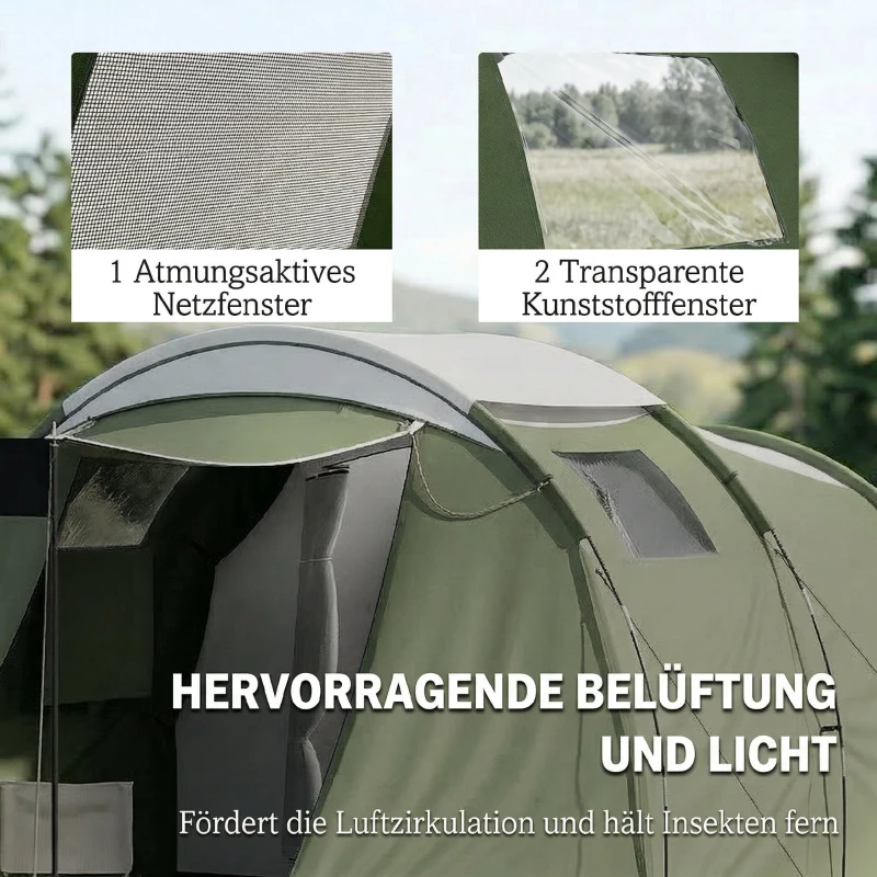 Outsunny Namiot kempingowy 3-4 os., stabilny, 3000 mm wodoodporny, namiot rodzinny z sypialnią i przedsionkiem, zielony