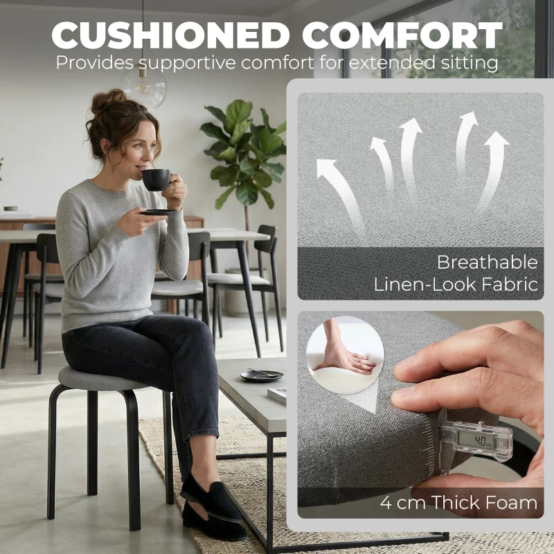 HOMCOM Zestaw sztaplowalnych stołków 4 szt., nowoczesne tapicerowane okrągłe stołki bez oparcia do kuchni, jadalni, szary