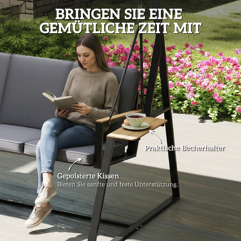 Outsunny 3-Sitzer Gartenschaukel mit verstellbarem Dach, Kissen und Getränkeablagen, 360 kg Tragkraft, Grau