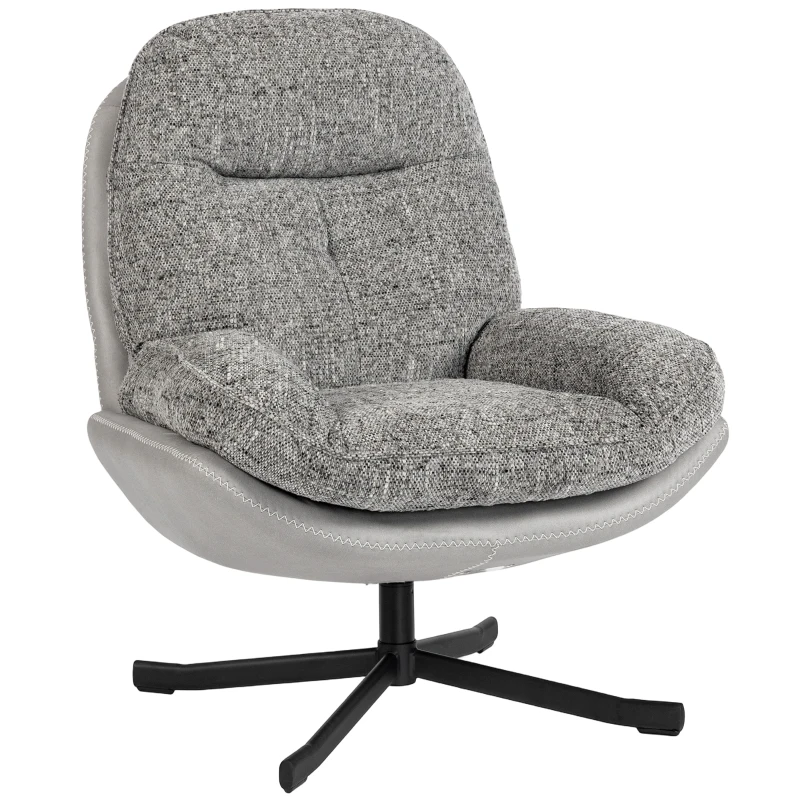 HOMCOM Poltrona Giratória Moderna com Base Cruzada Estofada em Chenille e Couro PU Assento Largo Duplo Pernas de Aço 78x95x99 cm Cinza
