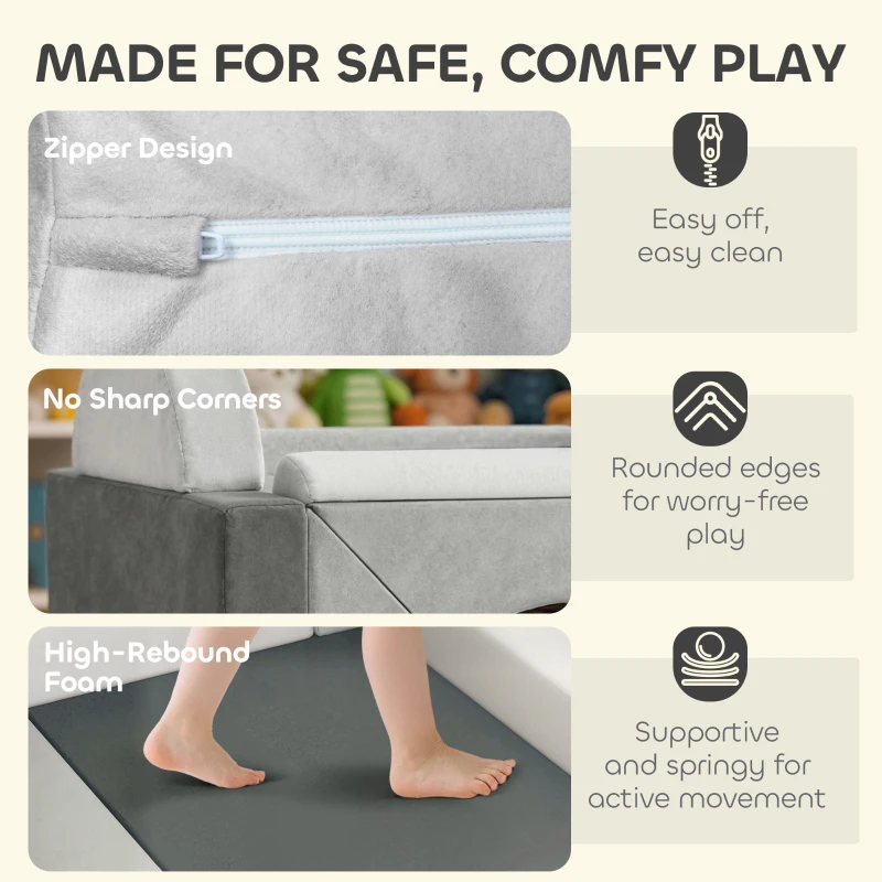 AIYAPLAY Kids Play Sofa, 12 Pieces Foam Modular Soft Play Set for Playroom, Children Convertible Sofa for Boys and Girls, Grey