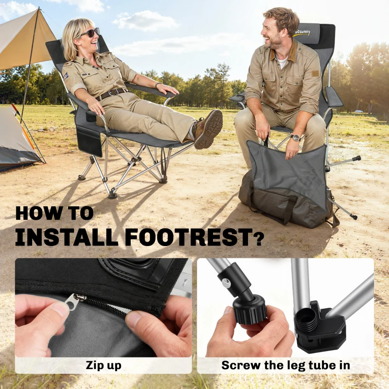 Outsunny Zestaw 2 składanych krzeseł kempingowych z podnóżkiem, uchwytem na kubek, maks. obciążenie 120 kg, szary
