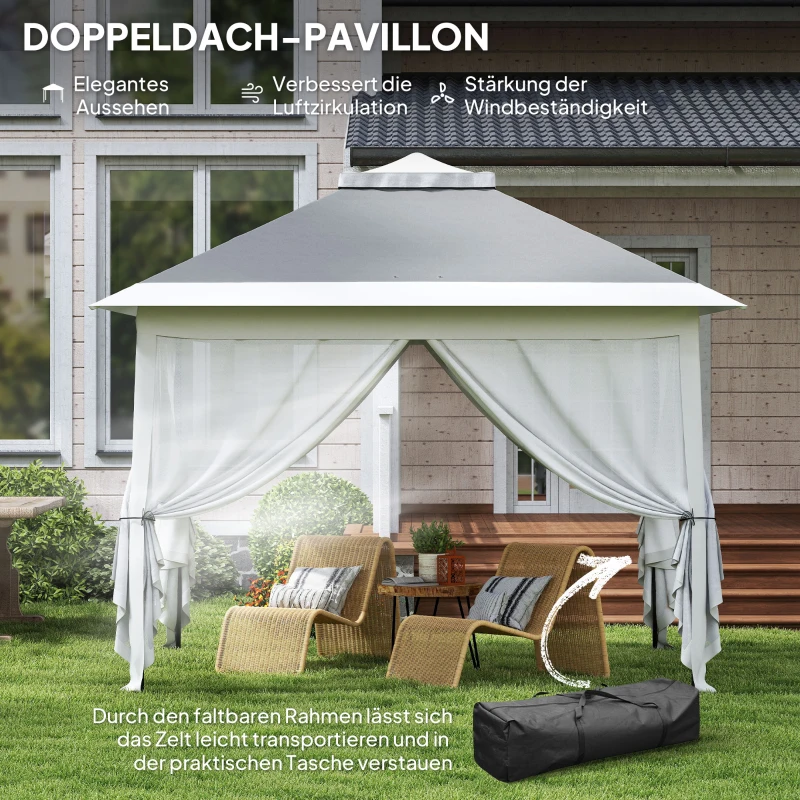 Outsunny Faltpavillon, Gartenpavillon, Metall und Stoffplane, Netzvorhänge, Entwässerungslöcher, 330L x 330B x 288H cm, Grau