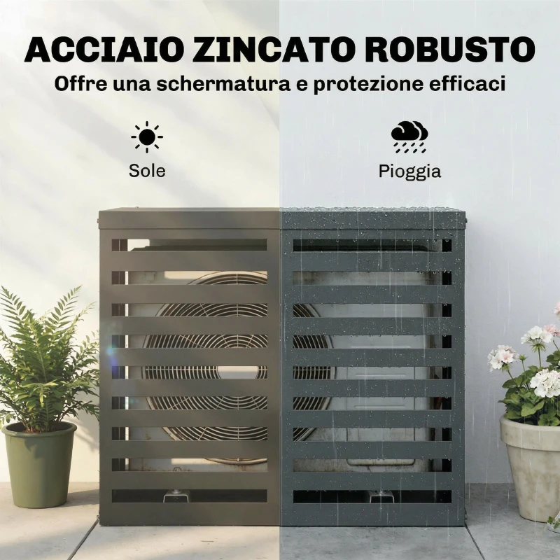 Outsunny Copertura per Condizionatore Esterno, in Acciaio Zincato, Recinzione con Doghe per Giardino, Grigio Scuro