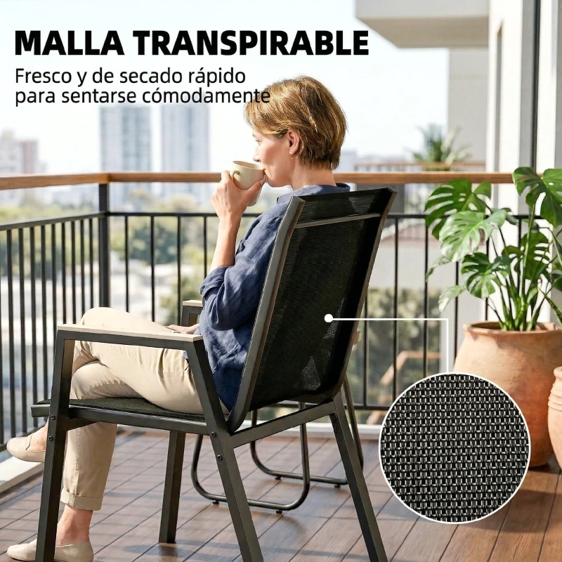 Outsunny Conjunto de Jardín de 3 Piezas con 2 Sillas de Textilene Mesa de DPC Efecto Madera para Patio Balcón Negro