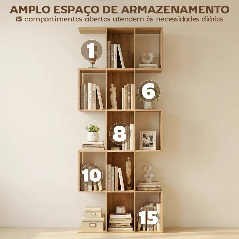 HOMCOM Estante de 5 Níveis Estante de Livros Estreita Estante em Forma de S 80x24x200 cm Carvalho