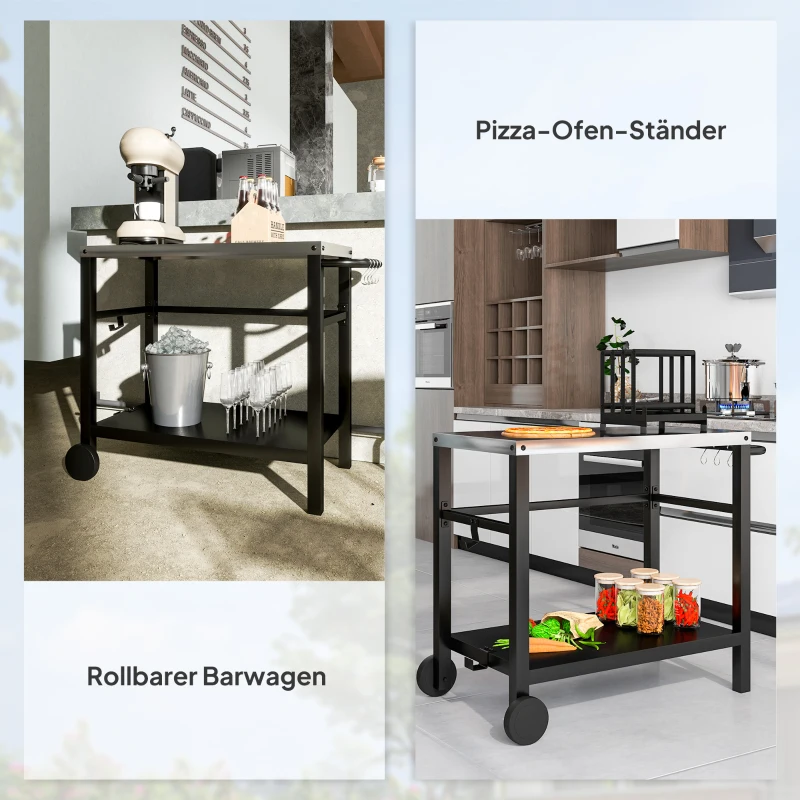 Outsunny Grillwagen 2-Etagen Servierwagen mit Arbeitsfläche Ablagen Haken Räder Edelstahl 102 x 56 x 81cm