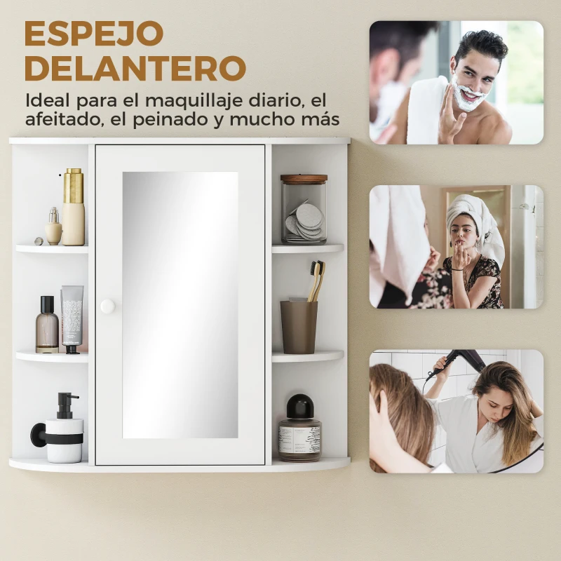 HOMCOM Armario de Baño con Espejo, Armario de Pared con Puerta, Estantes Abiertos, Mueble de Baño Colgar para Cocina, Salón, 66x17x63 cm, Blanco