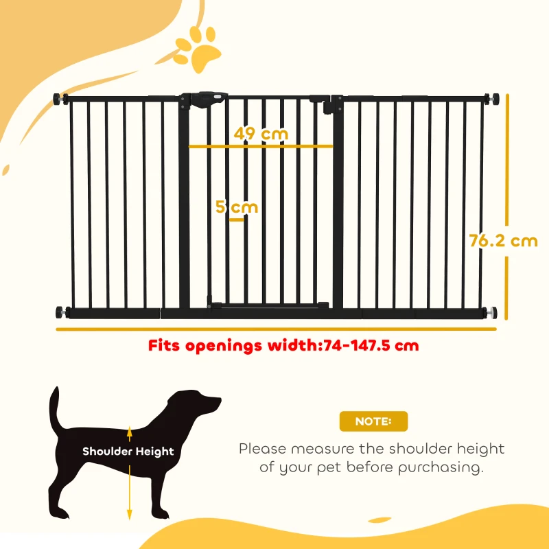 PawHut Dog Gate Stair Gate Pressure Fit Pets Barrier Auto Close for Doorway Hallway, 74-148cm Wide Adjustable, Black