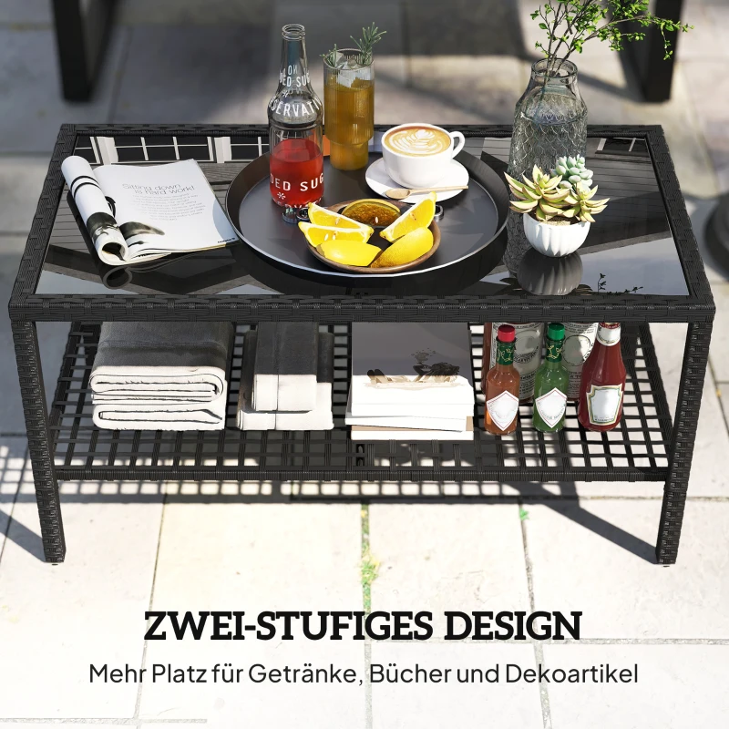 Outsunny Rattan-Couchtisch, zweistufiger Outdoor-Tisch mit Ablagefach, gehärteter Glasplatte und Stahlrahmen, Schwarz