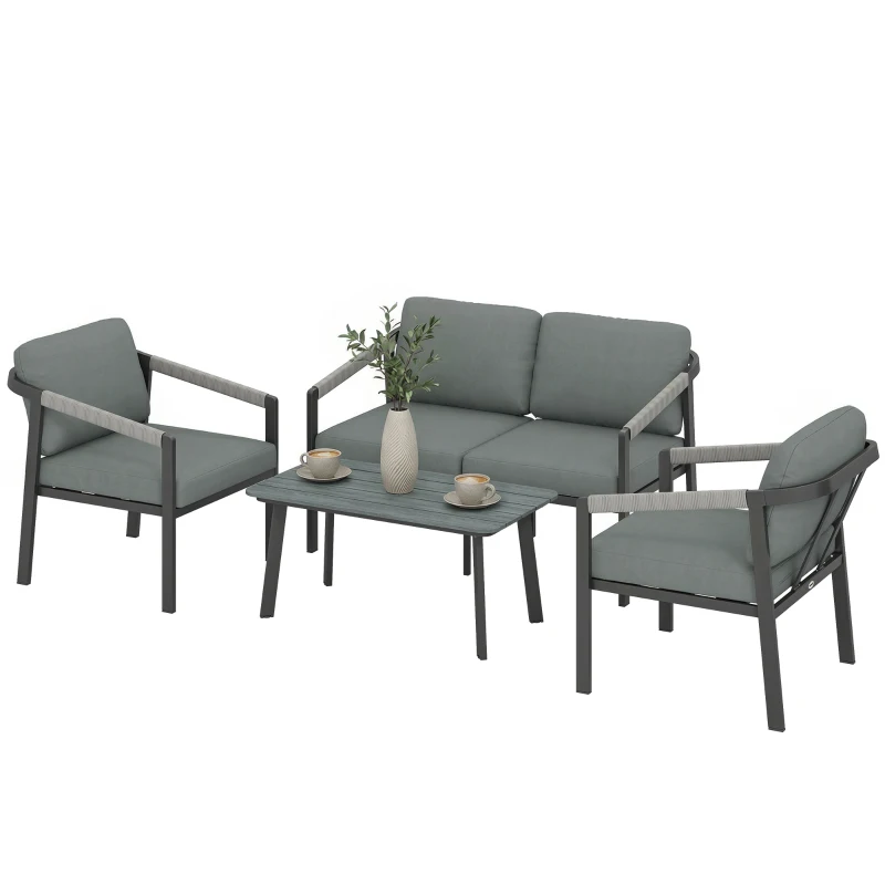 Outsunny Aluminium Garden Furniture Set, 4 Seater Outdoor Patio Furniture with Loveseat, 2 Armchairs, Slatted Table