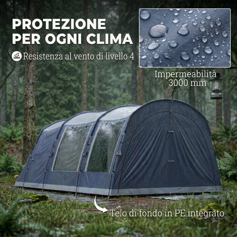 Outsunny Tenda Campeggio a Tunnel per 2-4 Persone Alta 210cm con 2 Stanze, Impermeabile 3000mm, 540x320x210 cm, Blu navy
