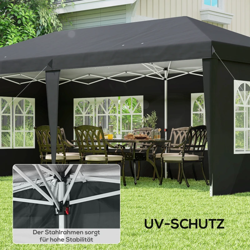 Outsunny Pavillon ca. 3x6m Wasserdicht Pop-up Faltpavillon mit 4 Seitenwänden, Fenster UV-Schutz Tragetasche Schwarz