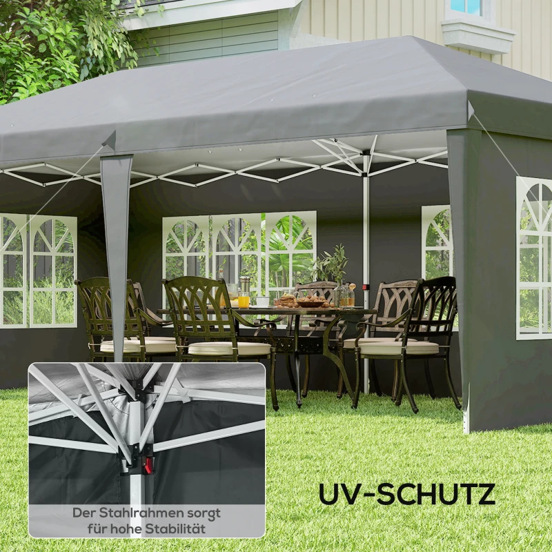 Outsunny Pavillon ca. 3x6m Wasserdicht Pop-up Faltpavillon mit 4 Seitenwänden, Fenster UV-Schutz Tragetasche Grau