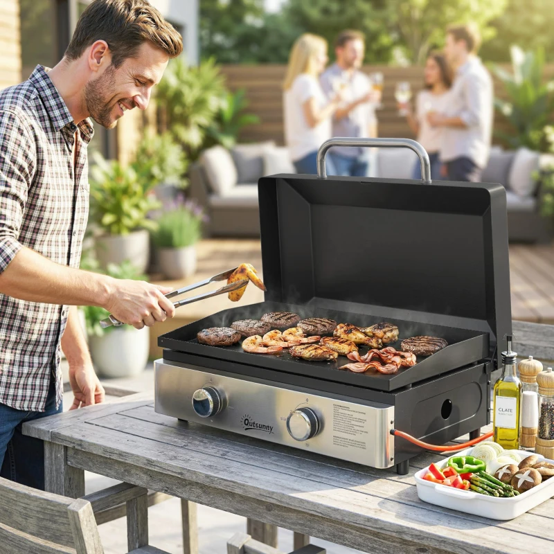 Outsunny 2 Burner Grill Griddle, Portable Gas Plancha, 6 kW, Tabletop Gas BBQ with Grease Cup for Camping Picnic Patios, Black