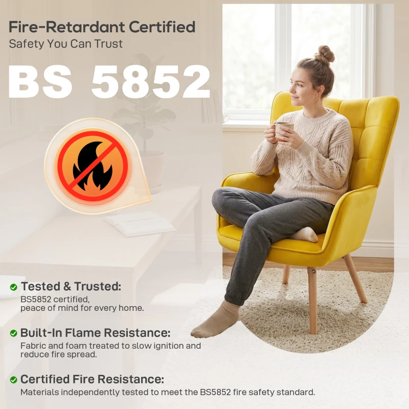 HOMCOM Modern Accent Chair, Upholstered High Back Armchair with Tufted Wingback, Seat Padding, Velvet Leisure Lounge Bedroom Chair with Wood Legs, Yellow