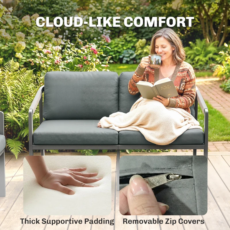 Outsunny Aluminium Garden Furniture Set, 4 Seater Outdoor Patio Furniture with Loveseat, 2 Armchairs, Slatted Table