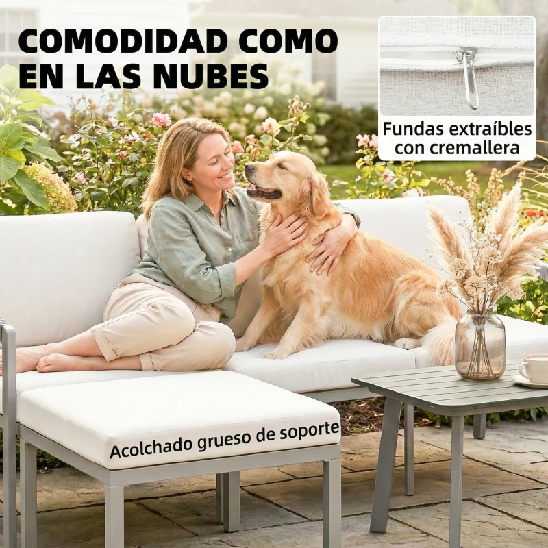Outsunny Conjunto de Jardín Exterior de 3 Piezas con Sofá de 3 Plazas Reposapiés Mesa de Centro y Cojines Marrón y Beige