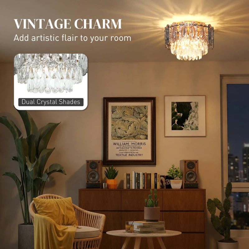 HOMCOM Chandelier Ceiling Light, 3-Light Flush Mount Fixture with Dual Crystal and Smoke Glass Shade, 40 cm LED Ceiling Light for Living Room Bedroom, 3 E14 Sockets, Bulbs Not Included, Gold Tone