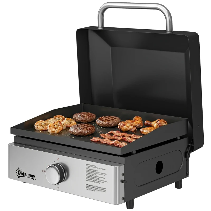 Outsunny Grill Griddle, Portable Gas Plancha, 3.5 kW, Tabletop Gas BBQ with Grease Cup for Camping Picnic Patios, Black
