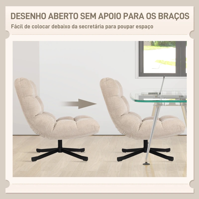 HOMCOM Poltrona Giratória Moderna Poltrona de Sala de Estar com Base de Cruz Estofada em Chenille Impermeável Assento Extra Largo e Pernas de Aço Poltrona Relax para Sala de Estar Quarto 75x95x90 cm Creme