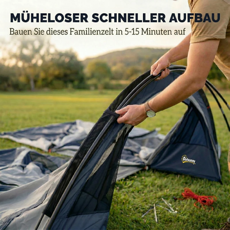 Outsunny Tunnelzelt 4 Personen Familienzelt mit Schlaf- und Wohnzimmer 6 Fenstern 3 Türen Bodenplane Stehhöhe 3000 mm Wassersäule