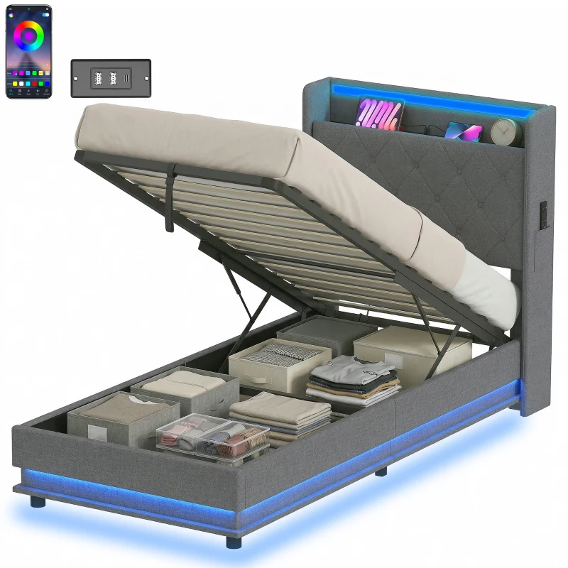 HOMCOM 3ft Single Bed Frame with Headboard, Platform Bed Frame with Hydraulic Storage, LED Lights and Charging Station, Grey