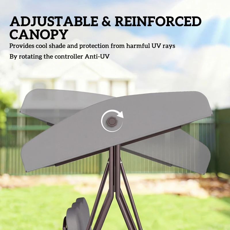 Outsunny 3 Seater Canopy Swing Chair, Outdoor Garden Swing Seat with Adjustable Canopy, Cushions and Cup Trays, Steel Frame, Light Grey