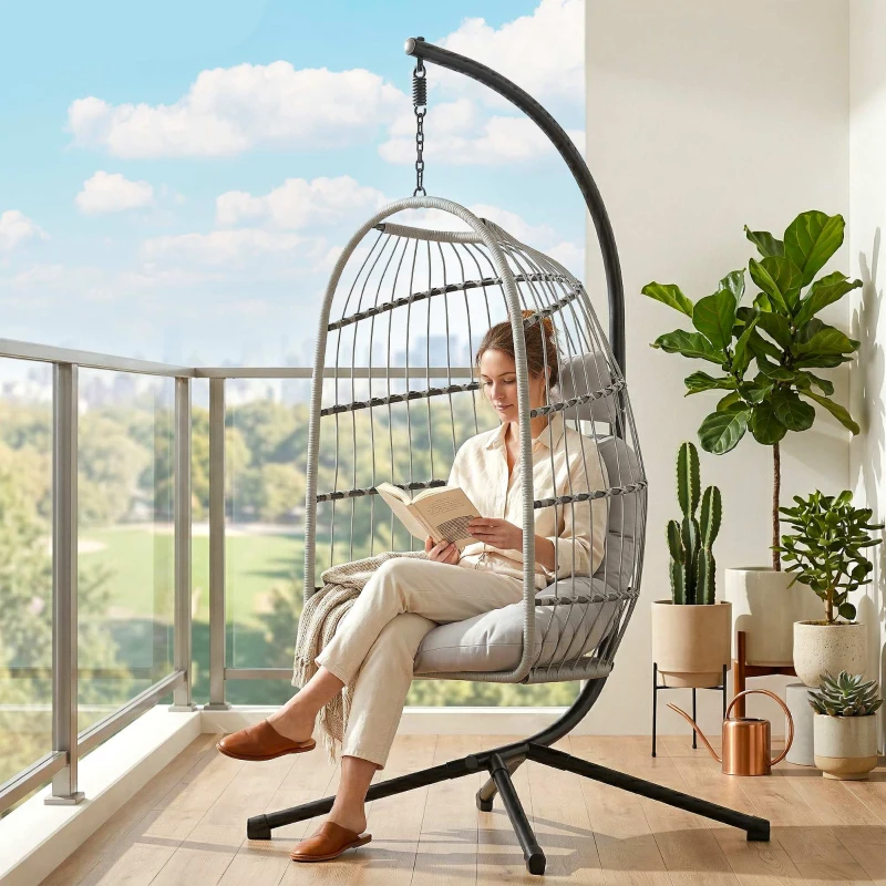 Outsunny Hanging Egg Chair, Indoor Outdoor Hammock Swing Chair with Stand, Safety Strap, Foldable Basket, Light Grey