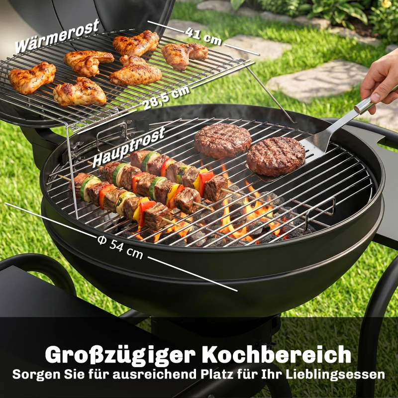 Outsunny Holzkohlegrill BBQ Smoker mit Seitentischen Deckel Thermometer Räder 129 x 63,5 x 106,5 cm