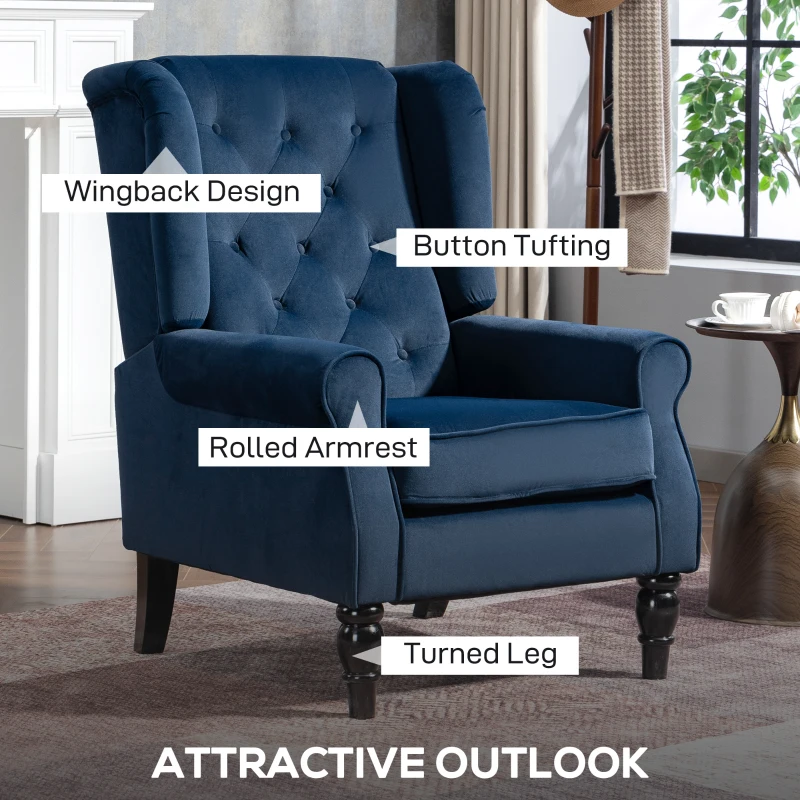 HOMCOM Wingback Accent Chair, Retro Upholstered Button Tufted Occasional Chair for Living Room and Bedroom, Dark Blue