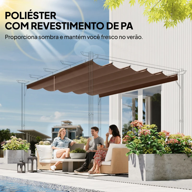Outsunny Cobertura para Pérgola 2,5x2,55cm Teto de Substituição Retrátil para Pérgola com 10 Orifícios de Drenagem Café