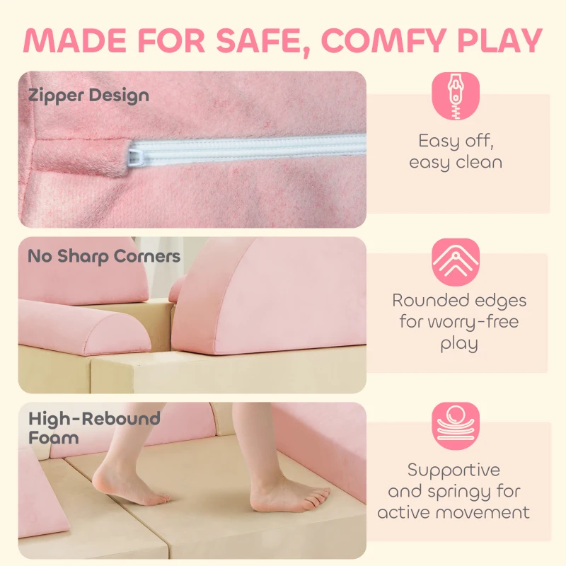 AIYAPLAY Kids Play Sofa, 12 Pieces Foam Modular Soft Play Set for Playroom, Children Convertible Sofa for Boys and Girls, Pink