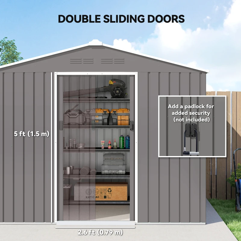 Outsunny 8 x 6ft Galvanised Steel Shed, with Double Door - Light Grey