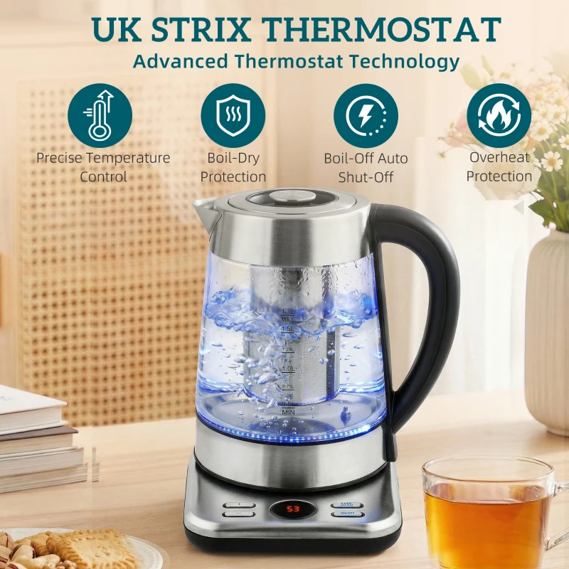 HOMCOM Elektrische Waterkoker, 1,7L Snelkoker met 2200W Vermogen, UK Strix Thermostaat, Theefilter, Warmhoudfunctie