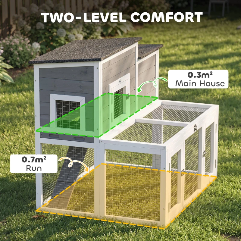 PawHut Wooden Rabbit Hutch, Indoor Outdoor Bunny Cage with Waterproof & Openable Roof, Pull Out Tray and Ramp, Guinea Pig Hutch