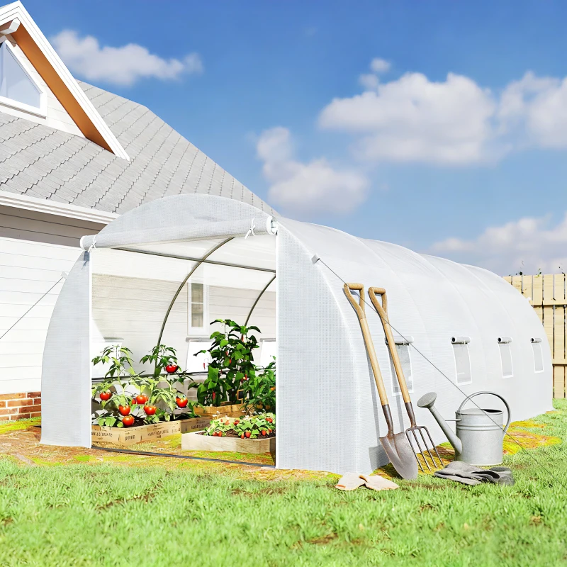 Outsunny 6 x 3 x 2 m Polytunnel Greenhouse, Walk-in Polytunnel Tent with Metal Frame, Zippered Door, and 8 Windows for Garden and Backyard, White