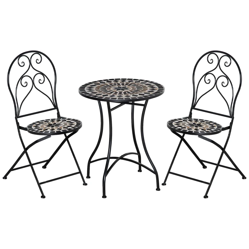 Outsunny 3 Pieces Garden Bistro Set with Coffee Table and 2 Folding Single Chairs, Mosaic Garden Table Top and Seats, Metal Frame, for Patio Balcony, Black