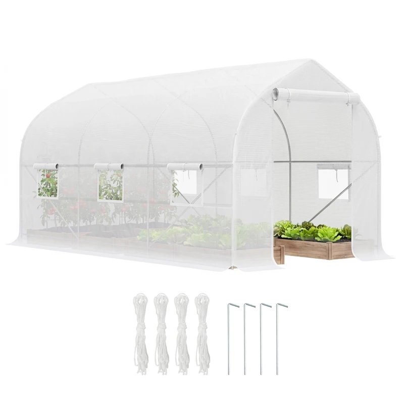 Outsunny Serra a Tunnel Anti-UV con 6 Finestre a Rete e Ingresso Arrotolabile, in Metallo e PE, 4x2x2 m, Bianco