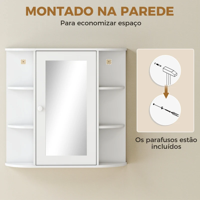 HOMCOM Armário de Casa de Banho com Espelho, Armário de Parede com Porta, Prateleiras Abertas, Móvel Suspenso para Cozinha, Sala, 66x17x63 cm, Branco