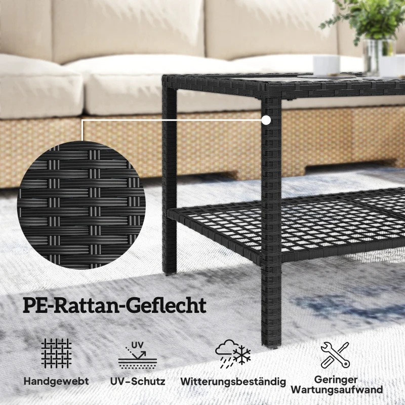 Outsunny Rattan-Couchtisch, zweistufiger Outdoor-Tisch mit Ablagefach, gehärteter Glasplatte und Stahlrahmen, Schwarz