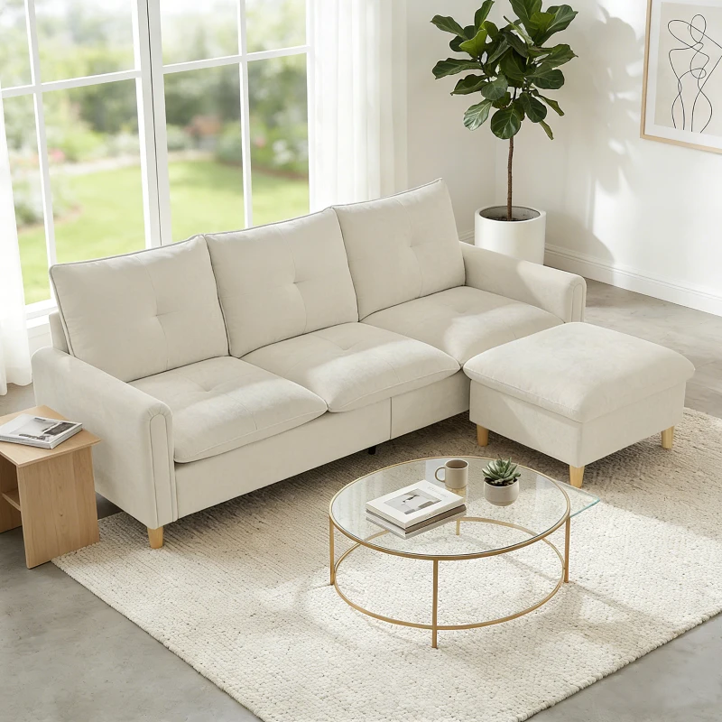 HOMCOM Sofá 3 plazas con pouf de almacenaje, sofá modular en esquina 210 cm, asiento amplio, tejido efecto lino, crema